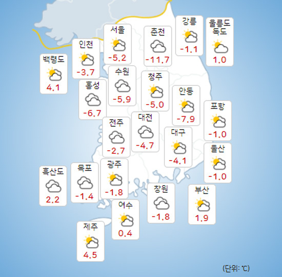 1월 15일 일기예보. (출처: 기상청 홈페이지)