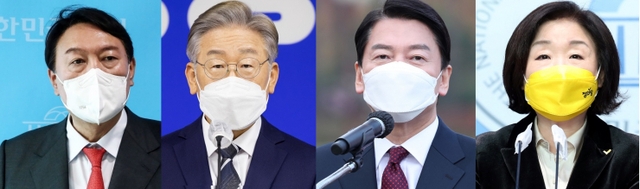 사진 왼쪽부터 국민의힘 윤석열 대선 후보, 더불어민주당 이재명 대선 후보, 국민의당 안철수 대선 후보, 정의당 심상정 대선 후보. ⓒ천지일보DB