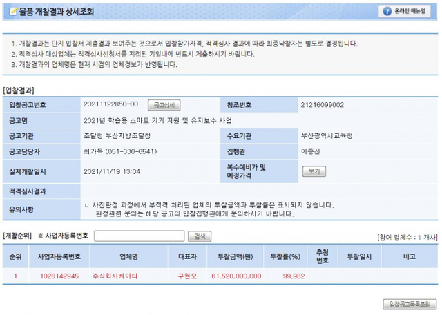 부산시교육청이 지난해 11월 진행한 스마트기기 보급 사업에서 수행 사업자로 KT가 낙찰됐다. (출처: 조달청 나라장터 캡처)