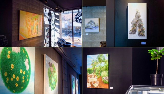 (왼쪽 상단부터 시계방향으로)김윤경 ‘색채의 기억(Memories of Colors)’, 조은아 ‘여기로 와유(臥遊)’, 안명현 ‘마음에 닿은 빛’, 김표중 ‘욕망과 현실’ 등 전시품. (제공: 탐앤탐스)