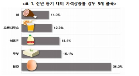 가격상승률 상위 5개 품목. (제공: 한국소비자단체협의회)