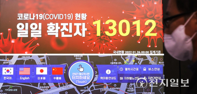 [천지일보=남승우 기자] 신종 코로나바이러스 감염증(코로나19) 신규 확진자가 1만명을 넘어선 가운데 26일 오전 서울 중구 서울역 지하철 1호선 승강장 안내 전광판에 코로나19 신규 확진자 정보가 나오고 있다. 이날 일일 확진자 수는 1만 3012명으로 역대 최다치를 기록했다. ⓒ천지일보 2022.1.26