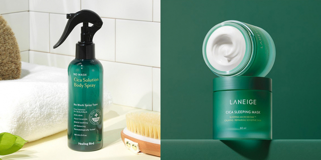 (왼쪽부터)힐링버드 노워시 시카 솔루션 바디 스프레이, 라네즈 시카 슬리핑 마스크. (각 사 제공)