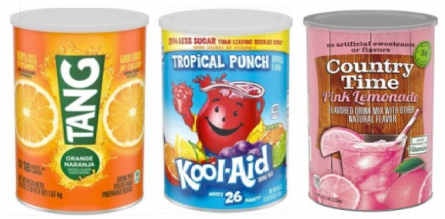 (왼쪽부터)Tang의 Jumbo orange powdered drink mix with vitamin c, Kool-Aid의 Tropical punch soft drink mix, Country time의 Pink Lemonade Drink Mix. (FDA 홈페이지 캡처)