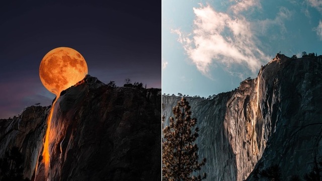 [서울=뉴시스] 미국 캘리포니아주 요세미티 국립공원에 있는 호스테일 폭포가 빛을 받아 마치 용암이 흐르는 것처럼 보인다.(왼쪽) 오른쪽 사진은 석양 받기 직전의 모습. (출처: 인스타그램 갈무리) 2022.02.16.