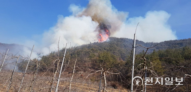 22일 오후 경북 의성군 중리리 청애골지 뒷산에 산불이 발생했다. (제공: 의성소방서) ⓒ천지일보 2022.2.22