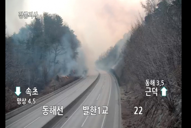 동해선 발한1교 도로가 전면통제된 가운데 불길이 도로변까지 내려와 있는 모습. (출처: 국토교통부) ⓒ천지일보 2022.3.5