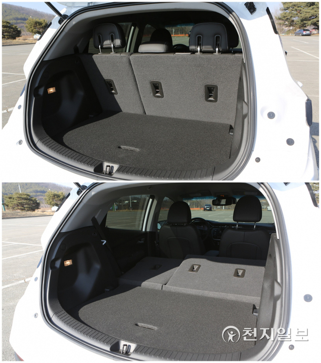 [천지일보 용인=김정필 기자] 볼트 EV 트렁크 공간(위)과 2열을 접은 모습. ⓒ천지일보 2022.2.24