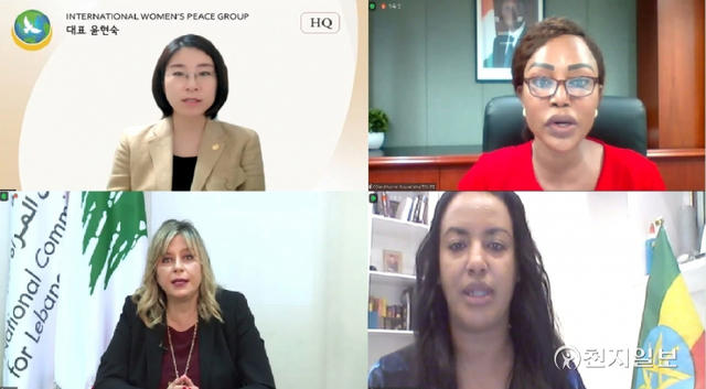 제66차 UNCSW 사이드 이벤트 발제자들의 모습. 윤현숙_IWPG_대표(왼쪽 상단),_세네바 투헤 코트디부아르 여성가족아동부 장관(오른쪽 상단). (제공: IWPG) ⓒ천지일보 2022.3.28