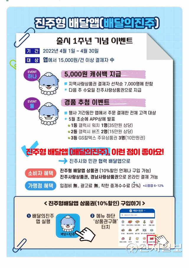 진주시 민관협력 배달앱 ‘배달의 진주’ 출시 1주년 기념 이벤트 안내 포스터. (제공: 진주시) ⓒ천지일보 2022.4.4