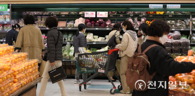 [천지일보=남승우 기자] 10월 소비자물가 상승률이 9년 9개월 만에 최고치를 보인 가운데 2일 오후 서울 시내의 한 대형마트의 모습.통계청 소비자물가 동향에 따르면 10월 소비자물가지수는 108.97(2015년=100)로 지난해 같은 달보다 3.2% 상승했다. 국제유가 상승으로 석유류가 크게 올랐고 달걀·돼지고기 등 축산물도 상승했다.  ⓒ천지일보 2021.11.2