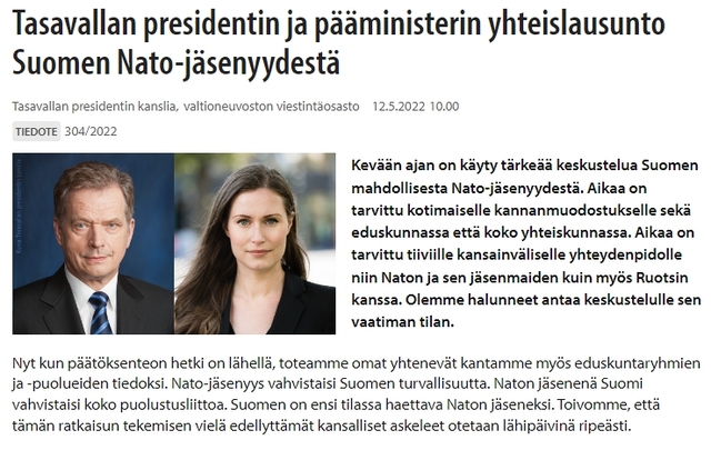 12일 나토 가입 신청을 긴급히 추진해야 한다는 내용의 산나 마린 핀란드 총리와 사울리 니니스퇴 핀란드 대통령의 공동성명. ⓒ천지일보 2022.5.12 (출처: 핀란드 정부 홈페이지)