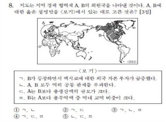 2014 수능 세계지리 8번 문제. (제공: 한국교육과정평가원) ⓒ천지일보 2022.5.16