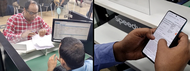 삼성전자 인도 서비스센터에서 고객이 서비스 내역을 이전에 종이문서로 받던 대신(왼쪽 사진) 현재 스마트폰에서 전자문서로 편리하게 확인하고 있다. (제공: 삼성전자) ⓒ천지일보 2022.6.2