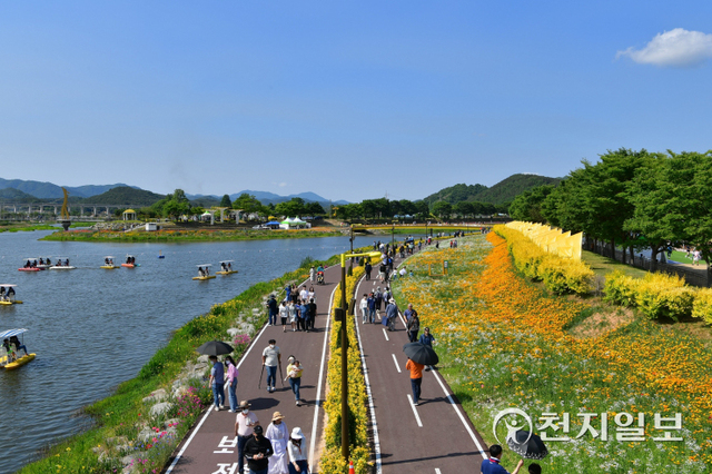 ‘장성 황룡강 (洪)길동무 꽃길축제’ 를 즐기는 사람들 모습. (제공: 장성군청) ⓒ천지일보 2022.6.9