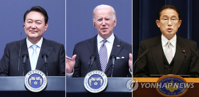(서울=연합뉴스) 왼쪽부터 윤석열 대통령과 조 바이든 미국 대통령, 기시다 후미오 일본 총리.
