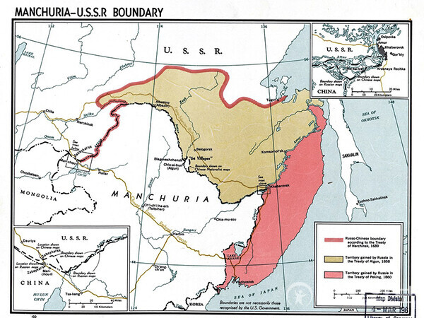 네르친스크 조약에 의해 러시아령으로 떨어져 나간 지역과 원래의 청국과 러시아 국경(붉은선) ⓒ천지일보 2023.03.01.