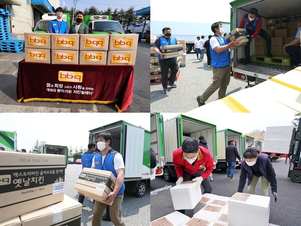제너시스BBQ가 지난 3년간 성남, 안산, 하남, 군포 등 42곳의 푸드뱅크에 4억여원의 가정간편식(HMR) 제품을 기부하는 모습. (제공: 제너시스BBQ)