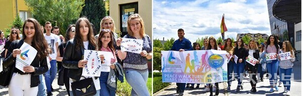 2019년 5월 22일 북마케도니아 테토보에 위치한 테토보대학교에서 ‘세계평화선언문 제6주년 기념식 및 평화걷기’ 행사가 진행됐다. 학생들이 평화를 기원하는 손피켓을 들고 평화걷기에 참여하고 있다. (제공:HWPL)ⓒ천지일보 2023.03.22.