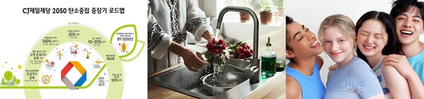 CJ제일제당의 2050 탄소중립 중장기 로드맵, 이케아의 유량 조절 장치가 장착된 수전 제품, 라네즈 허그 캠페인 이미지. (각 사 제공)