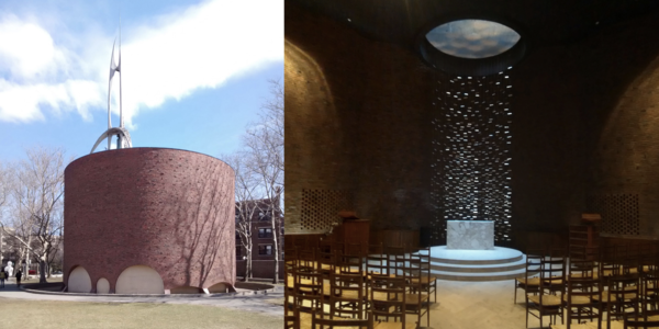 MIT 채플(성당). 사진은 외관(왼쪽)과 내부. (출처: 위키피디아)