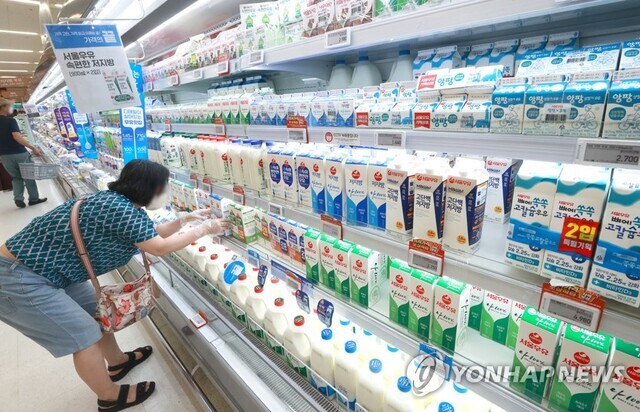 한 시민이 대형마트 매장에 진열된 우유들을 살펴보고 있다. (출처: 연합뉴스)
