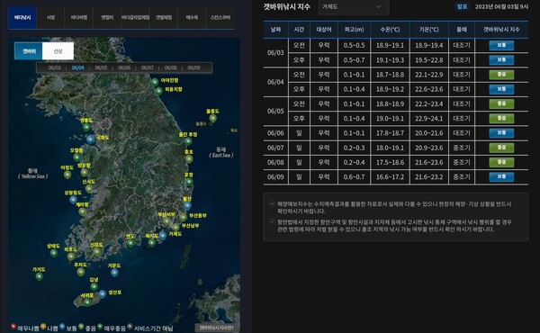 생활해양예보지수. (출처: 국립해양조사원 홈페이지 캡쳐) ⓒ천지일보 2023.06.03.