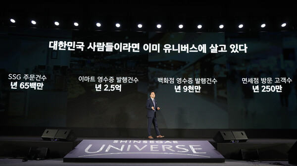 강희석 이마트 대표가 8일 오전 코엑스에서 열린 '신세계 유니버스 페스티벌'에서 사업 전략을 발표하고 있다. (제공: 신세계그룹)