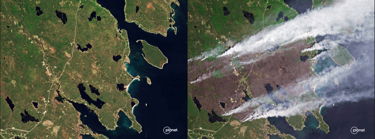 불이 나기 전 지난달 27일 캐나다 노바스코샤의 지역의 위성 사진(왼쪽)과 화재가 발생한 이후인 지난달 31일 위성 사진 모습.(플래닛 랩스)
