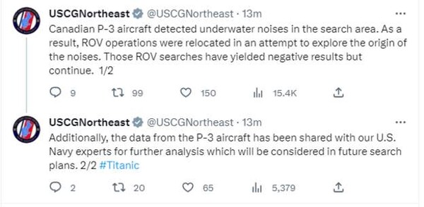 합동 수색 도중 ‘두드리는 소리’를 감지했다고 밝힌 미국 해안경비대 트위트. (US Coast Guard Twitter)