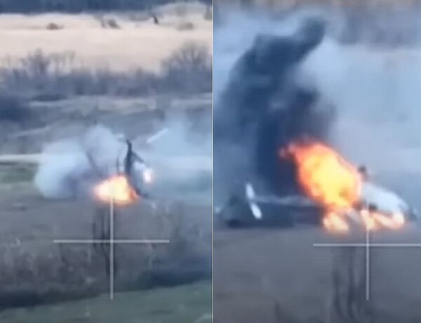 지난해 11월 러시아 측 Mi-8 헬기가 공격당한 뒤 추락해 화염에 휩싸인 모습. (SNS)