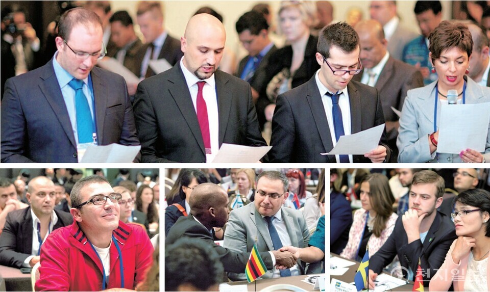 2014년 9월 16일 HWPL의 산하기관인 IPYG는 전 세계 150개국 청년 대표 500명이 참석한 가운데 회의를 개최했다. 청년 대표들은 전쟁 종식 세계 평화에 대한 국제법 제정과 종교대통합 지지 결의안을 채택했다. ⓒ천지일보 (제공: HWPL)