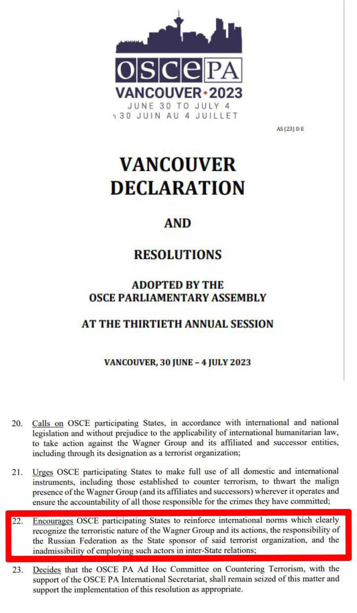 6일 천지일보가 단독 입수한 ‘밴쿠버 선언문’에 따르면 OSCE는 지난 4일(현지시간) 30차 연례 회의를 통해 용병 기업인 바그너 그룹을 테러집단으로 규정하고 회원국을 비롯한 협력 동반자국가 등 모든 참가국에 제재에 동참할 것을 촉구·결의했다. 여기에는 우리나라도 포함된다. ⓒ천지일보 2023.07.06.