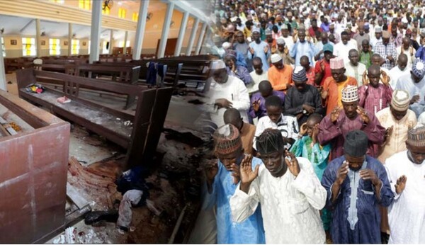 약 250개 부족과 종족으로 구성된 나이지리아는 최근까지도 끊임없는 종교 분쟁으로 나라가 몸살을 앓고 있다. 사진은 폭탄 테러가 발생한 나아지리아 온도주 한 성당의 현장(왼쪽)과 사진은 라마단 기간 중 기도하는 무슬림 신자들의 모습. (출처:AP/뉴시스)