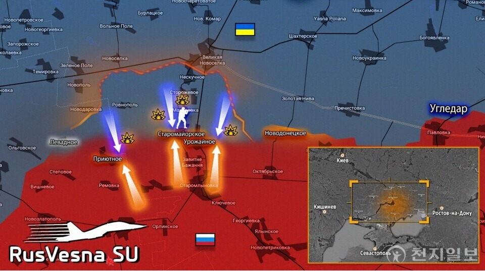 대반격 이후 26일(현지시간) 기준 러시아-우크라이나 전쟁 남부 전선 현황. (rusvesna su)