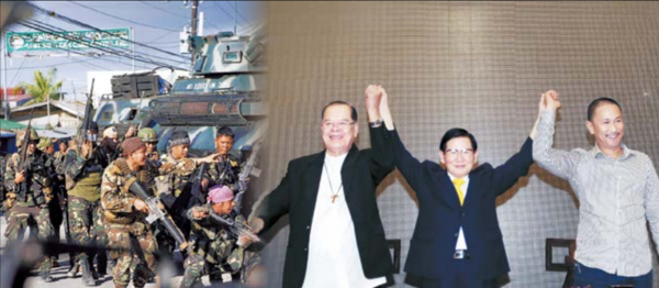 2013년 9월 13일 필리핀 잠보앙가에서 MNLF 분리주의자들에 대한 공세 동안 엄폐 중인 군인들(왼쪽). 이만희 하늘문화세계평화광복 대표(가운데)는 2014년 1월 24일 필리핀 민다나오섬을 방문해 민간 평화협정을 이뤄냈다. 이 협약을 기점으로 아시아 최대 유혈분쟁지역으로 꼽힌 민다나오 지역에 평화가 빠르게 정착했다. 왼쪽부터 협약서에 서명 중인 페르난도 카펠라 필리핀 민다나오 다바오 교구 전 가톨릭 대주교, 서명 후 기념촬영하는 모습. (제공: HWPL, 출처: 뉴시스)