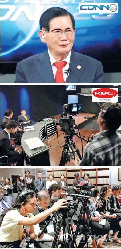 2013년 11월 7일 니카라과 CDNN 생방송(위), 2014년 4월 4일 페루 RBC 채널 11 방송(가운데)에 출연한 이 대표. 2019년 2월 19일 호주 시드니 뉴사우스 웨일스 언론 콘퍼런스. ⓒ천지일보 (제공: HWPL)