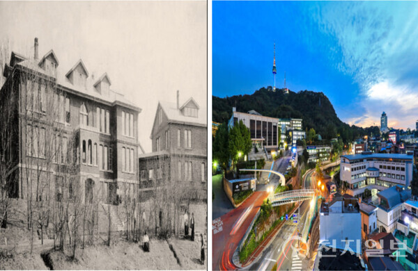 1903년 숭의여학교(왼쪽)와 현재 숭의여대 전경. (제공: 숭의학원) ⓒ천지일보 2023.10.28.