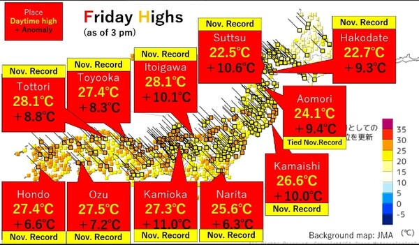 지난 3일 일본에서는 전체 3분의 1에 해당하는 300개 이상의 기상 관측소에서 11월 최고 기온 기록을 경신했다. (출처: 일본 기상청, @sayakasofiamori 엑스)