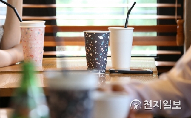 [천지일보=강은영 기자] 서울 시내에 한 커피전문점 매장 내 손님들이 일회용 종이컵에 음료를 마시고 있다. ⓒ천지일보DB