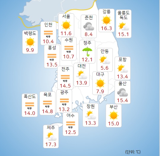 23일 오전 6시 기준 기온. (출처: 기상청 날씨누리 홈페이지)