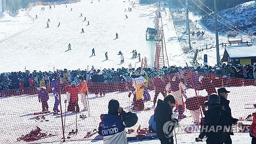 스키어와 스노보더들이 23일 전북 무주군 덕유산리조트에서 즐거운 시간을 보내고 있다. (출처: 연합뉴스)
