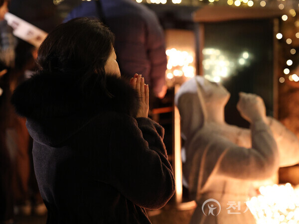 [천지일보=남승우 기자] 크리스마스이브인 24일 저녁 서울 중구 명동성당을 찾은 시민이 기도하고 있다. ⓒ천지일보 2023.12.25.