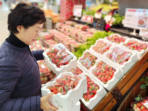 롯데마트 안산점 과일 매장에서 '한입 꼬마 딸기' 상품을 구매하고 있는 고객. (제공: 롯데마트)