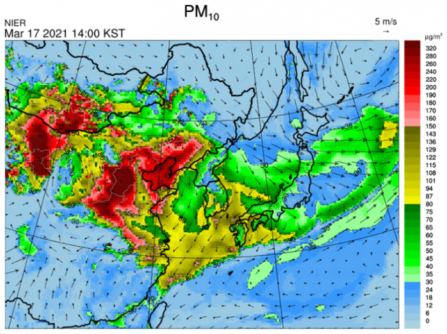 17일 오후 2시 평균 미세먼지(PM10) 대기질 농도 전망. (출처: 에어코리아)