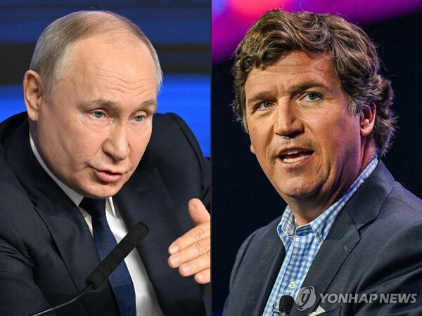 푸틴 러시아 대통령(왼쪽)과 미국의 극우 방송인 터커 칼슨 (출처: 연합뉴스)