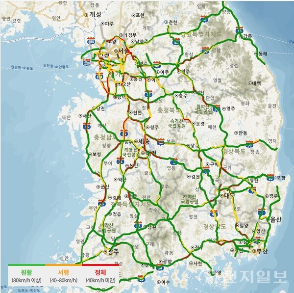 9일 12시 기준 정체예상 도로교통 지도. (출처: 한국도로공사) ⓒ천지일보 2024.02.09.