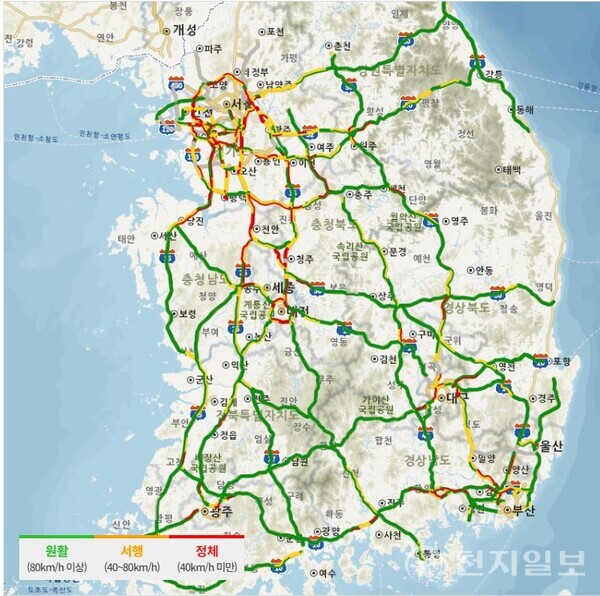 10일 정오 기준 전국 주요고속도로 정체예상 지도. (출처: 한국도로공사) ⓒ천지일보 2024.02.10.