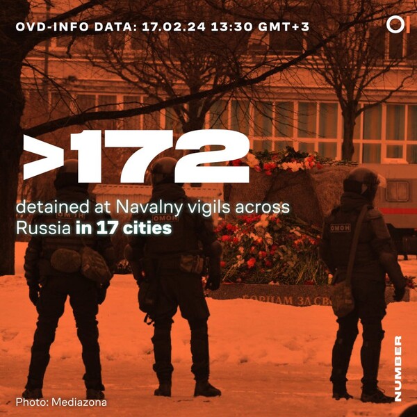 러시아 내에서 벌어진 알렉세이 나발니 추모 집회에 참석했다가 구금된 이들의 숫자. (출처: 러시아 인권 단체 OVD-Info X(트위터))