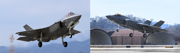 한미연합공중훈련을 위해 청주기지를 이륙하고 있는 한국 공군 F-35A(왼쪽)와 오산기지 활주로를 이륙하고 있는 미 공군 F-35A(오른쪽) (공군 제공) ⓒ천지일보 2024.02.23.